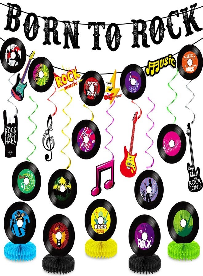 ojustbeok 27pcs Rock Themed Party Decorations Set Born to Rock Music Banner Hanging Swirls and Honeycomb Centerpieces Music Theme Party Decor for Happy Birthday Kids Baby Shower Record Party Supplies Favor - Image 1
